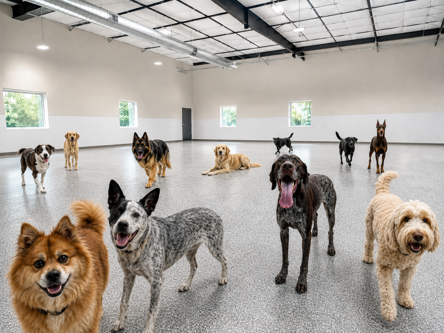 Dogs enjoying the climate-controlled indoor Social Club activity room