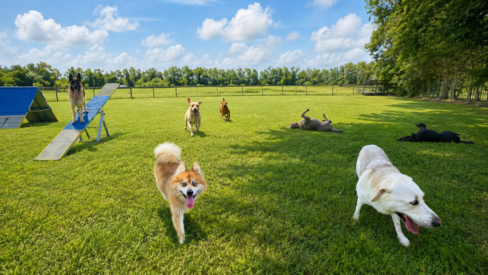 Dogs enjoying a shaded outdoor play area at Endless Pawsibilities