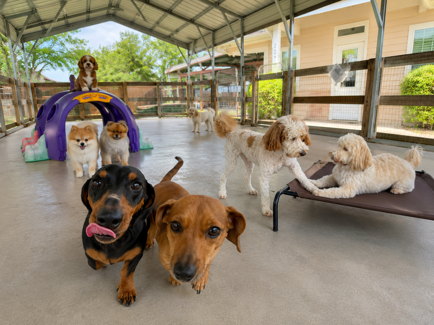 Small dogs enjoying their covered outdoor Social Club area