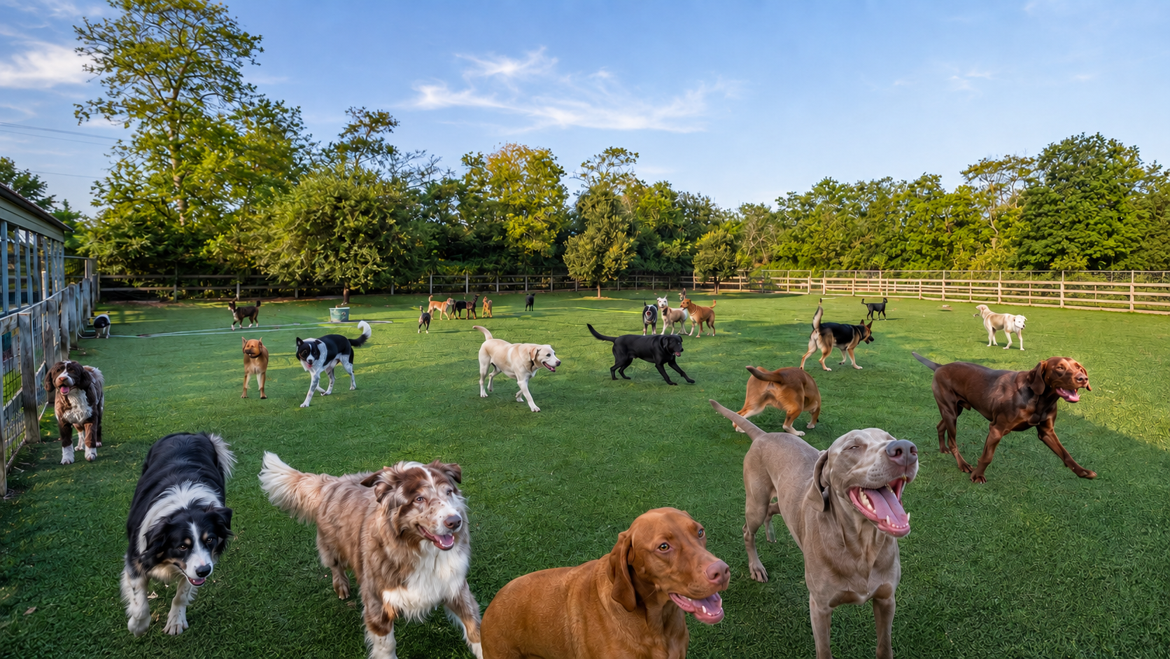 Dogs enjoying the large one-acre turf yard at Endless Pawsibilities